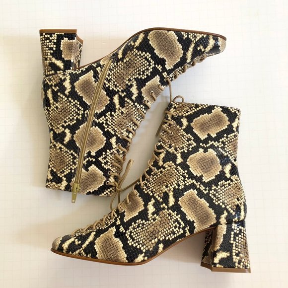 BY FAR Becca beige black snakeskin embossed leather lace up boots - Picture 6 of 14